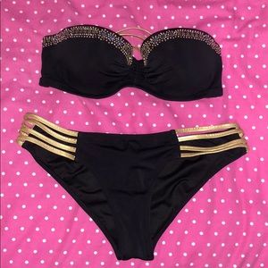 Victoria’s Secret black bandeau bathing suit with embellishment
